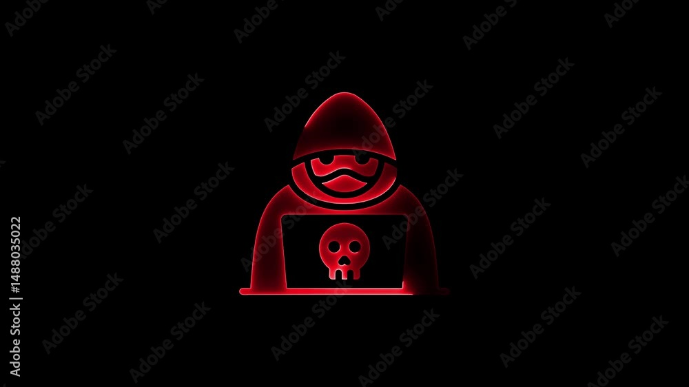 Poster conceptual red illuminated hacker icon symbolizing cybercrime digital security threat