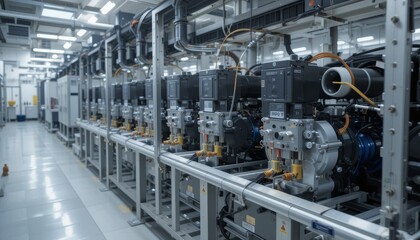 Fototapeta premium Industrial equipment operation modern facility photography cleanroom eye-level engineering innovation