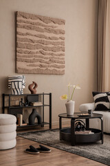 Elegant living space with contemporary decor, abstract wall art, and stylish accessories. Neutral tones with black accents and soft natural light enhance the aesthetic...