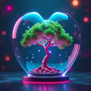 tree in glass sphere-Heart-Shaped Glass Globe with Lush Tree and Futuristic Neon Details in Fantastic Frontiers Style- World rain forest day 