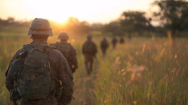 Military personnel walking in field at sunset with tactical gear and backpacks. Silhouette of soldiers patrolling through tall grass in golden hour light. Army training view