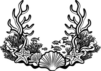 SVG vector of ocean biodiversity and vibrant marine life. Coral Reef Scene with Fish and Sea Creatures in Black and White Design