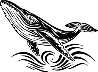SVG vector of ocean biodiversity and vibrant marine life. Black and White Artistic vector of a Whale Breaching Water