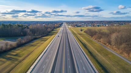 Aerial perspective captures a vast highway receding into the horizon under a bright sky