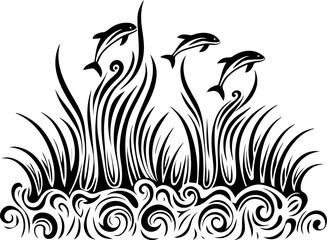 SVG vector of ocean biodiversity and vibrant marine life. Black and White Artistic Design of Jumping Fish and Sea Grass