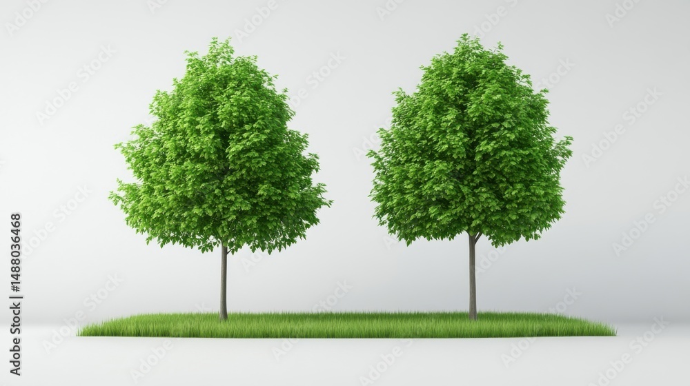 Poster lush green trees on grass in minimalist studio setting for nature background