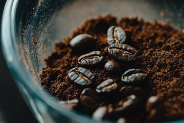 Close up view of roasted coffee beans in a cup for cafe and beverage concept