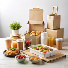 Variety of brown cardboard and disposable food containers and tableware for takeout or delivery