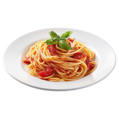 Plate of spaghetti with tomato sauce and fresh basil, isolated on white background