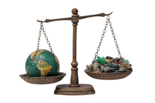 Scales balancing the Earth and environmental waste, symbolizing sustainability and global responsibility