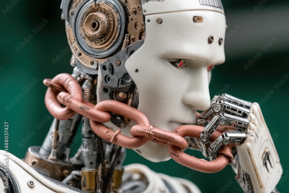 Poster a humanoid robot with a chained neck appears thoughtful, highlighting themes of artificial intellige