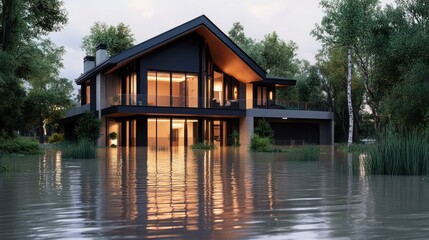 Obraz premium Contemporary home reflecting on flooded waters, illustrating climate challenges