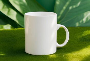 Obraz premium Blank white mug mockup on green background.