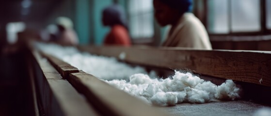 Soft cotton lies on a conveyor belt in a dimly lit factory, with blurred silhouettes of workers in the background adding depth to the scene.