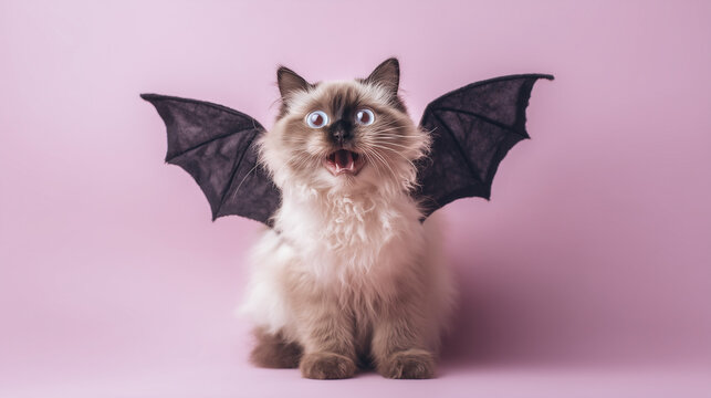 fluffy cat wearing bat wings costume with a surprised cute face, soft pastel lilac background