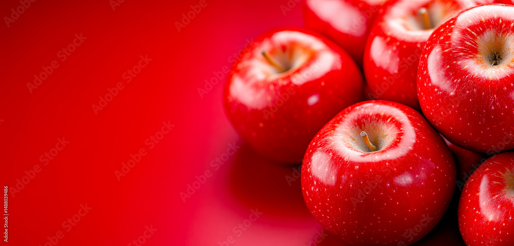 Poster fresh red apples on a vibrant surface. bright red apples are grouped against a glossy red background
