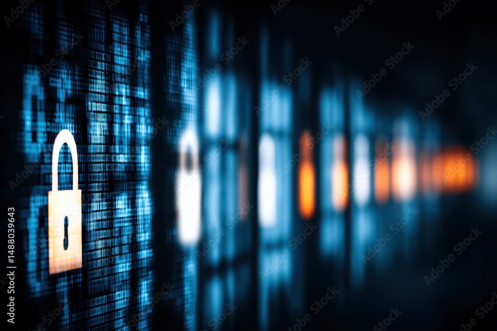 Poster a glowing digital padlock on a screen symbolizes cybersecurity and data protection in a high-tech en