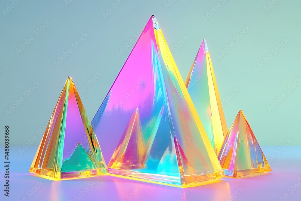 Poster neon prisms arranged in angular architectural layers