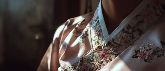 A close-up of a delicately embroidered garment catches the soft morning light, revealing intricate floral patterns that whisper elegance and tradition.