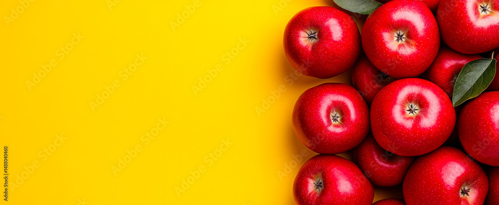 Poster red apples on yellow. bright red apples arranged neatly against a bold yellow backdrop create a chee