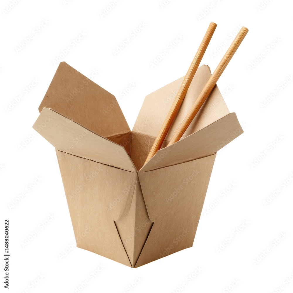 Poster open wok paper box with chopsticks cut out isolated on transparent or white background. a high resol