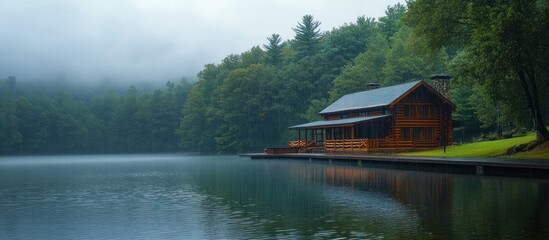 Fototapeta premium Lake Cabin in Forest on Rainy Day