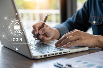 Fototapeta premium Cybersecurity and Data Protection Concept. Digital privacy and blockchain security. Secure login interface, encryption, and online defense against cyber threats for businesses and individuals.