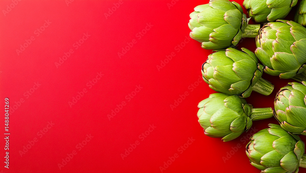Aufkleber artichokes on red backdrop. bright green artichokes are arranged on a striking red background, creat