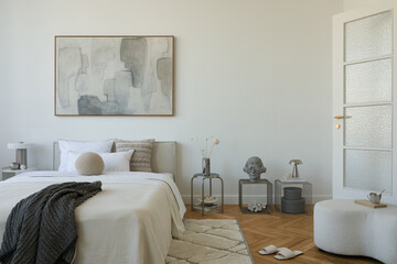 Interior view of a contemporary bedroom with sculptural accents, soft textiles, and a balanced, muted color palette. Home decor.