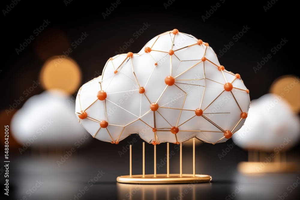 Poster a white cloud sculpture with a golden network structure, symbolizing cloud computing and digital con