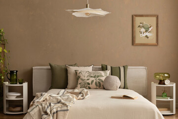 Stylish bed setup with rattan wall decor and indoor plant against a warm neutral background. Cozy home decor.