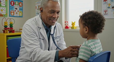 Caring pediatrician examining little boy with stethoscope in clinic exam