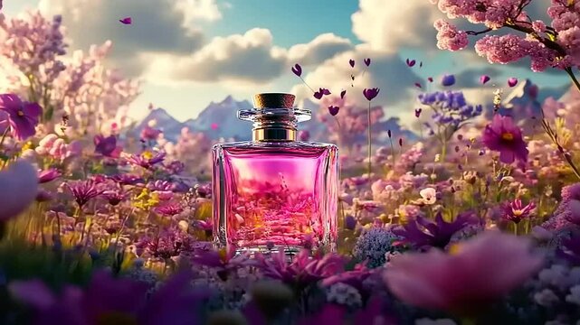 A vibrant perfume bottle surrounded by blooming flowers in a picturesque landscape