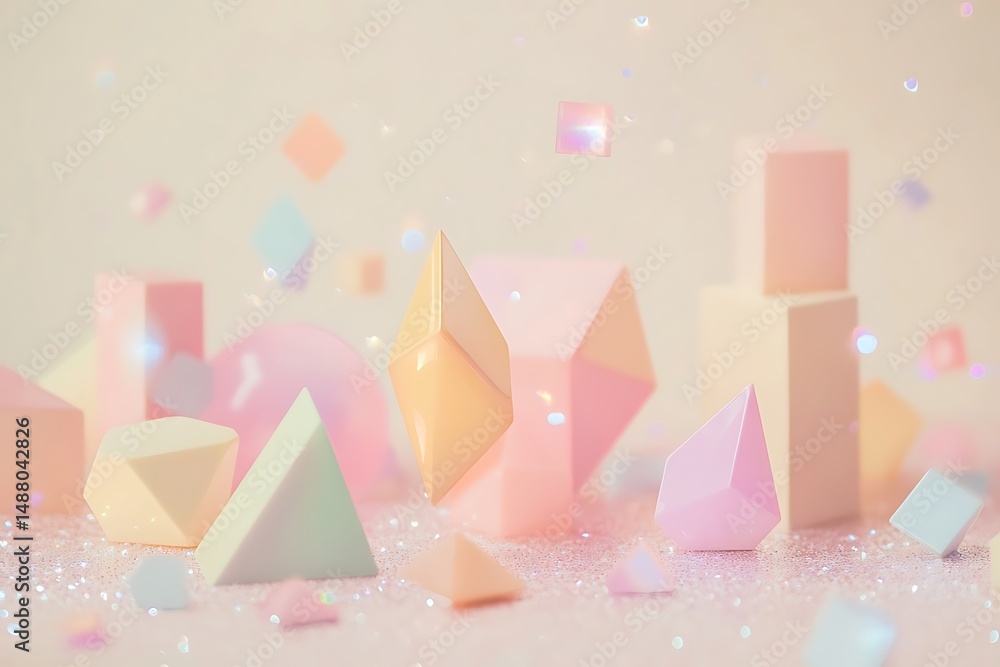 Poster pastel geometric shapes with tiny sparkles on soft beige --