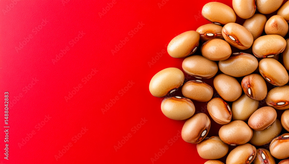 Aufkleber brown beans on a red background display. brown beans arranged on a vibrant red background create a s