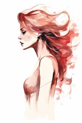 Watercolor portrait of a beautiful woman with flowing red hair. Elegant, artistic style. Fashion illustration