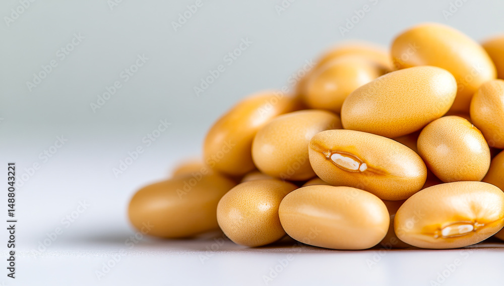 Poster soya beans arranged on a light surface. yellow soya beans are neatly piled on a light surface, showc