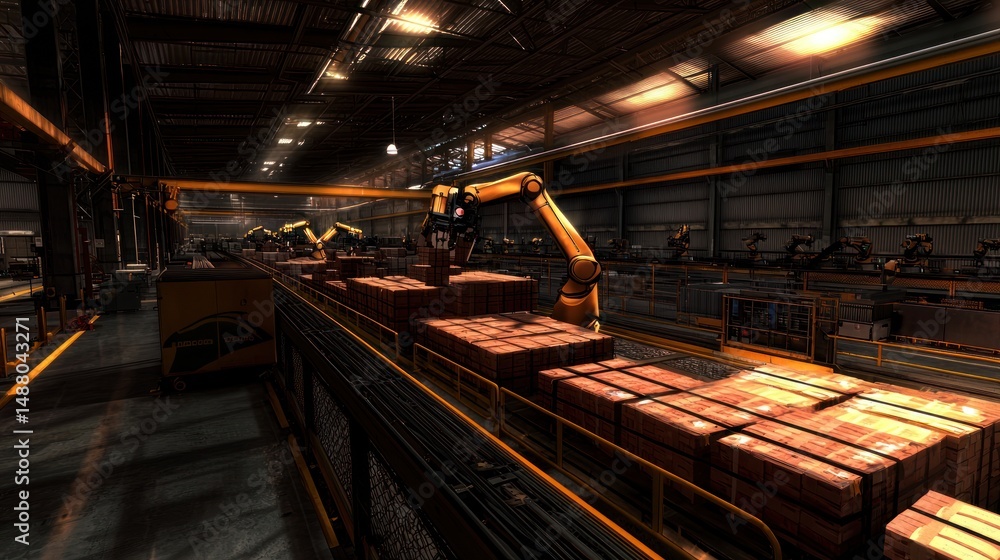 Poster automated robotic arms sorting packages in a large industrial warehouse setting