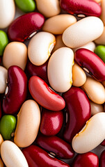 Colorful dried beans display. A vibrant collection of various dried beans showcased with varied colors and shapes, perfect for culinary uses.