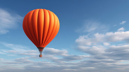 Fototapeta premium An orange hot air balloon soars serenely through a vibrant blue sky dotted with fluffy white clouds, evoking a sense of adventure and boundless possibilities.
