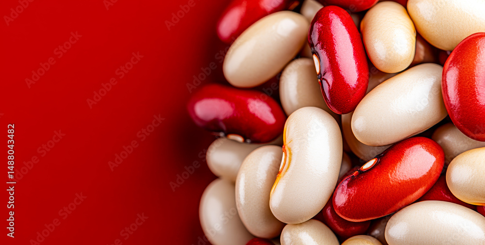 Aufkleber colorful beans on red. various types of beans displayed in close up on a vibrant red surface showcas