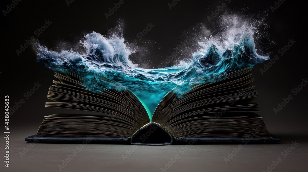 Aufkleber an open book with crashing waves emerging from its pages, symbolizing imagination and adventure