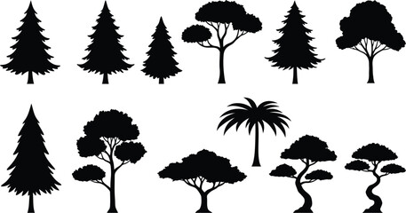 Professional Quality Tree Silhouettes Vector Pack with Distinct Shapes for Icon Design, Logo Creation, and Print Layouts