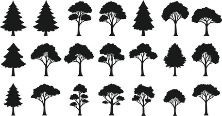 Fototapeta premium Tree Vector Silhouette Pack Featuring Willow, Pine, Palm, and More in Pure Black with No Shading or Gradient Effects