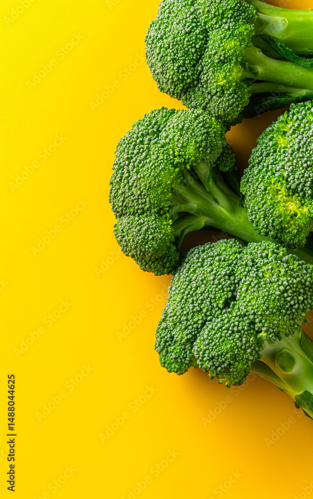Poster broccoli on yellow backdrop. vibrant green broccoli florets arranged neatly on a bright yellow surfa