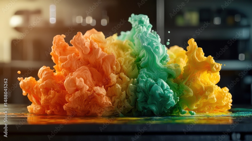 Poster Vibrant splash of colorful paint creating dynamic shapes in a modern studio setting