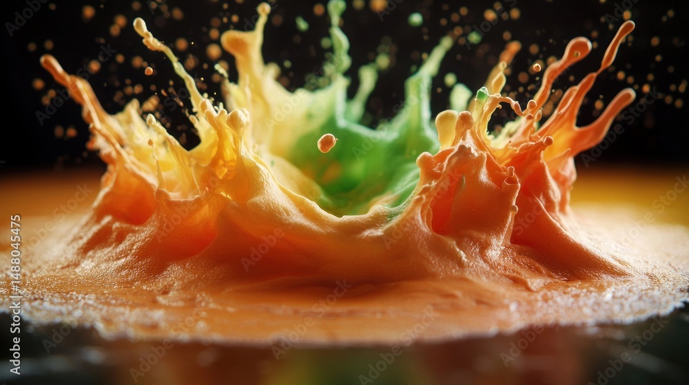 Aufkleber vibrant splash of orange and green liquid creating dynamic patterns against a dark backdrop