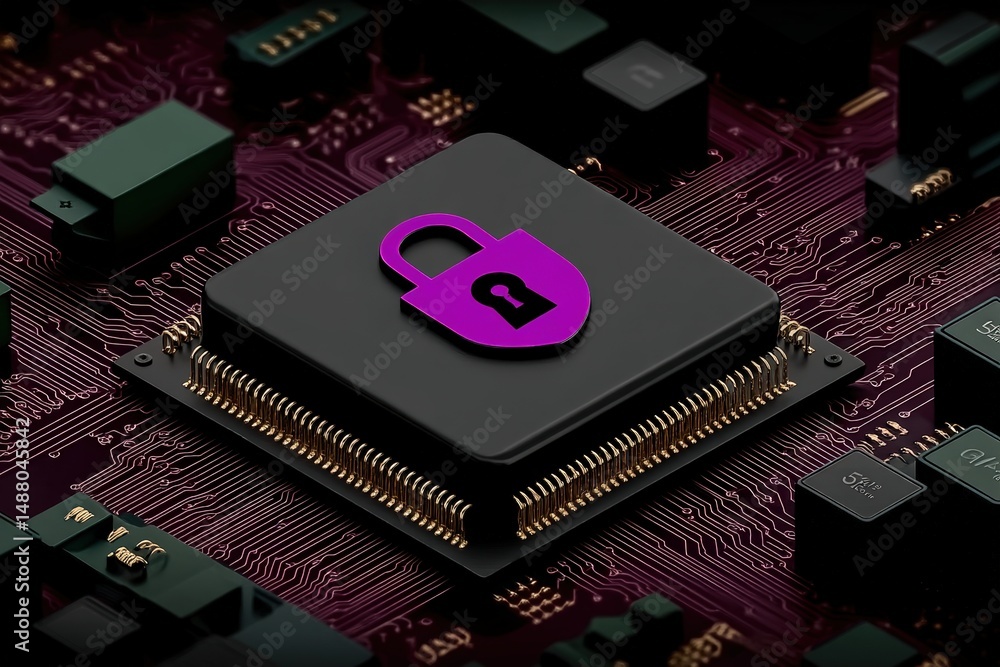Poster a microchip with a purple padlock symbolizing cybersecurity and data protection on a circuit board.