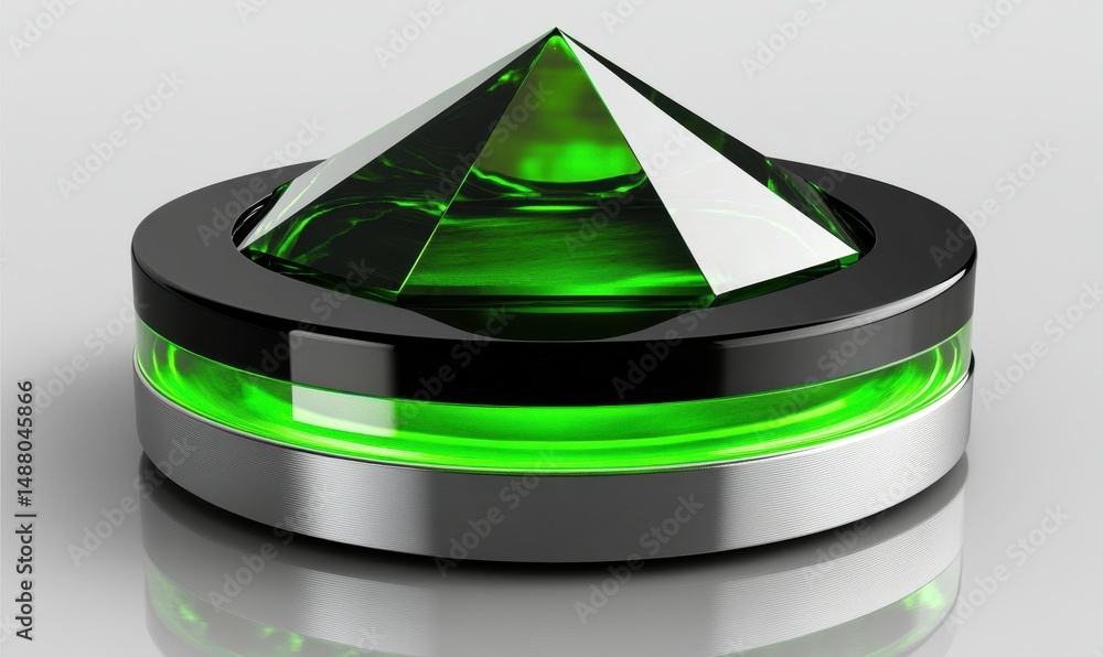 Poster emerald gemstone button; futuristic, tech background; website interface element