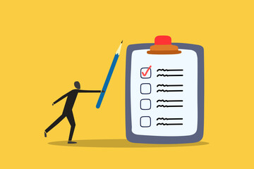 Businessman with pencil and checklist clipboard. concept of Task checklist, clipboard with to do list checkmark, task management to track work completion, accomplishment, survey or questionnaire